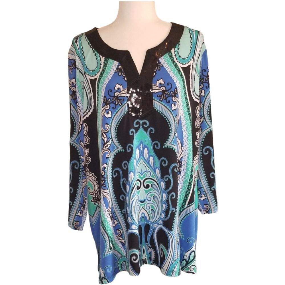 JM Collection Tunic Black Embellished Neckline Blue Green White Paisley Size 2X